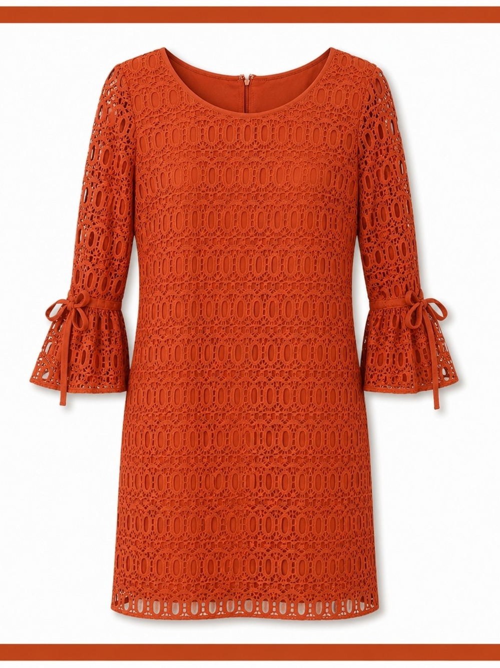 Burnt Orange Lace Shift Dress Bell Sleeve Tie Cuffs Size 10